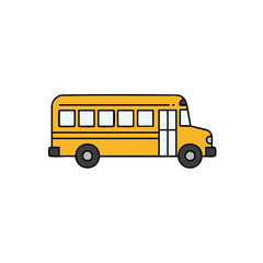 A simple, flat design illustration of a yellow school bus shown in a side profile view, isolated on a clean white background.