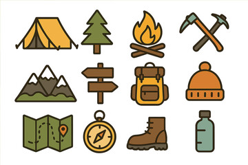 Outdoor adventure icons set with minimalist camping and hiking symbols, vector cartoon illustrations including tent, campfire, backpack, mountain, boots, compass, map, axe, signpost, hat, water bottle