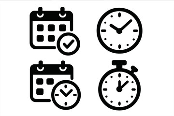 Obraz premium Simple black time management icons set with calendar, clock, checkmark, and stopwatch elements, vector illustration, productivity, scheduling, planning, deadline, timer symbols, transparent background