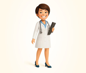 Smiling Female Doctor nurse in a white lab coat with stethoscope and clipboard vector Cartoon Style 3D Character