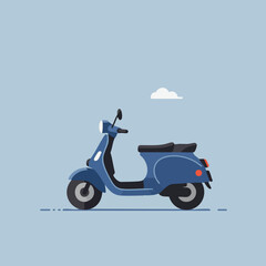 Illustration of a blue scooter with a cloud in the background, simple design.