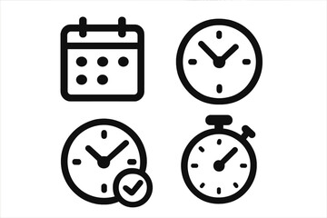 Simple black time management icons set with calendar, clock, stopwatch, timer elements, vector cartoon illustration, transparent background, productivity and scheduling symbols