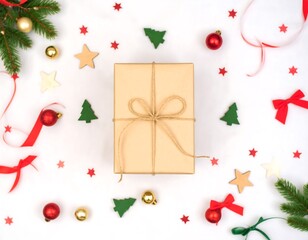 Festive gift box surrounded by Christmas decorations
