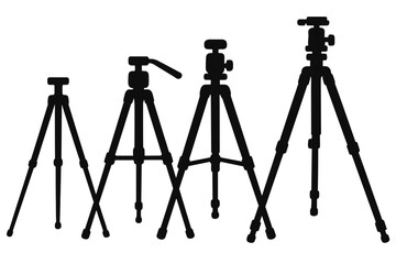 Set of tripod silhouettes in minimalist style. Vector illustration of photography and video equipment. Collection of different professional camera stands. Studio gear concept.