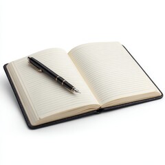 Open notebook with blank pages and elegant black pen on table