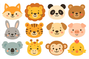 Cute animal faces set. Big collection of cartoon characters for children. Funny smiling baby pet, farm and zoo animal heads. Vector icon of fox, lion, panda, tiger, bear.