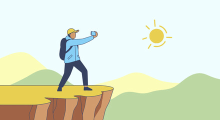A person taking a selfie on a mountain cliff with a beautiful sunny day