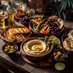 Ultra-Realistic Photography of Mediterranean Dishes on Rustic Wooden Table, Hummus, Grilled Halloumi, and Fresh Pita with Cinematic Lighting