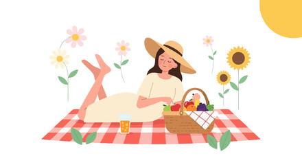 Obraz premium Relaxed Woman Enjoying A Picnic Beneath The Sunny Sky With Fruits Flowers And Comfort