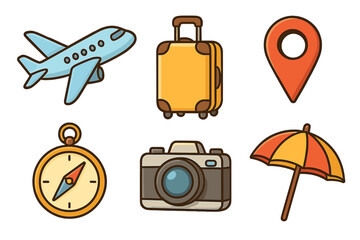 Travel icon set with airplane, luggage, location pin, compass, camera, beach umbrella, colorful cartoon vector illustration, transparent background, ordered icons for tourism and vacation themes