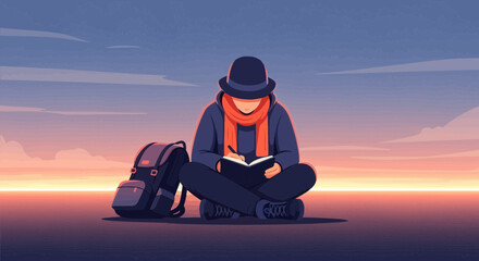 A person writing and taking notes in nature at sunset while wearing a scarf and hat