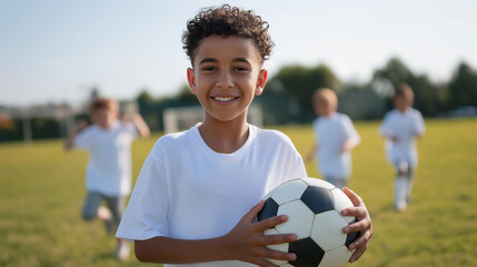 Smiling boy holding soccer ball on field with teammates in background.