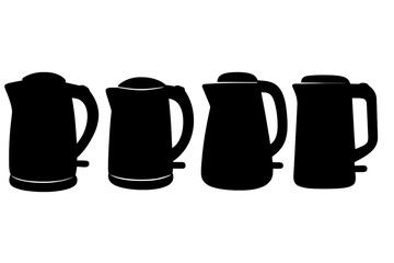 Set of electric kettle silhouettes. Collection of modern kitchen appliance icons. Vector illustration of water boilers for hot drinks, tea, and coffee. Household equipment.