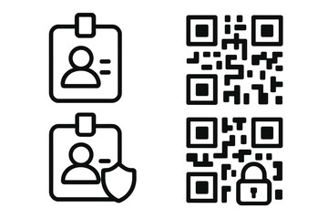 Identification icon set. ID card badge with shield. Secure QR code with lock for verification, authentication. Personal data protection. Digital access control. Vector symbols.