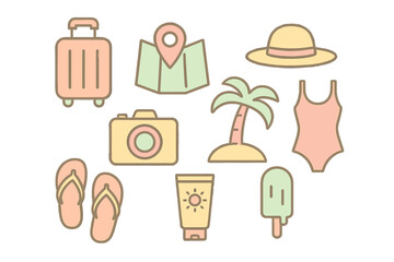 Summer vacation travel essentials icon set. Pastel flat line art icons for holiday and beach trip. Luggage, map, camera, palm tree, swimsuit, sun hat, and sunscreen vector.
