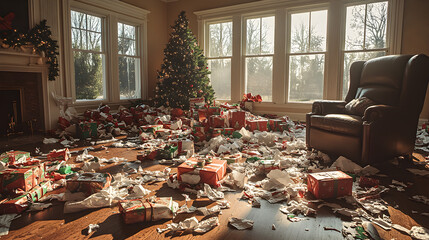 Christmas aftermath concept with torn wrapping paper, ribbons, and gift boxes left behind, festive mess highlighting holiday consumer waste and post-celebration clutter