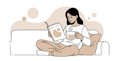 Obraz premium Relaxing At Home With Milk Tea And a Book In A Modern, Minimal, And Simplified Style
