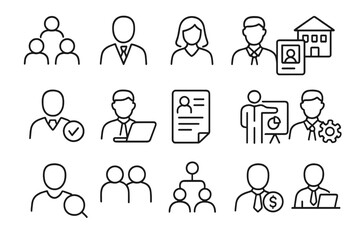 Staff and company thin line icons set with editable stroke for business, job search, corporate roles, teamwork, identity verification, presentation, and finance concepts, vector illustration