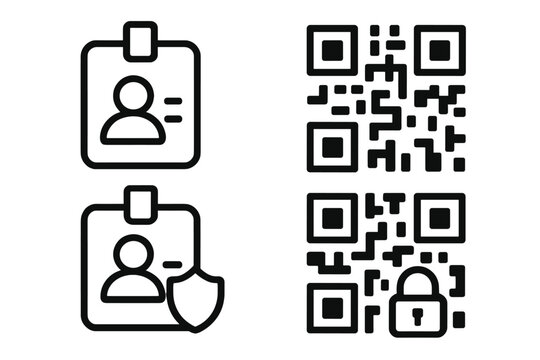 Identification icon set. ID card badge with shield. Secure QR code with lock for verification, authentication. Personal data protection. Digital access control. Vector symbols.