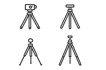 Tripod icon set. Minimalist black line art collection of camera stands. Vector illustration for photography, videography. Stable equipment support for photo or video gear.