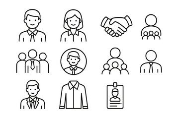 Modern staff and company line icon set with business people, handshaking, office clothing, team group, employee ID badge, professional worker symbols for web, app, and card design