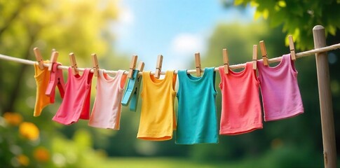 Colorful clothespins hanging on a rustic wooden clothesline, laden with freshly laundered clothes drying in the sun A charming summer scene , clean, home, drying