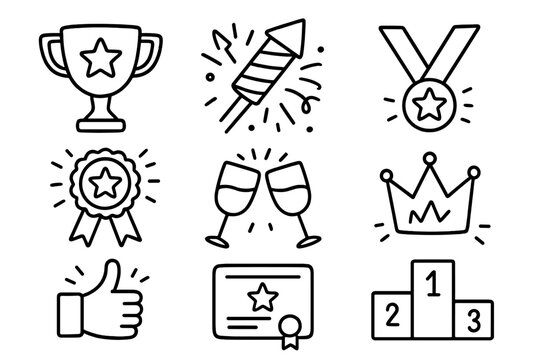 Doodle achievement icon set. Hand drawn celebration and success symbols. Linear cartoon vector awards like trophy, medal, crown, podium, certificate for the winner concept.