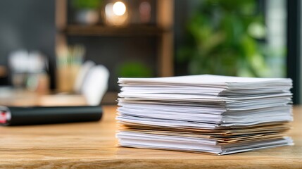 A stack of documents on a wooden desk, with a blurred background of office elements, suggesting a workspace environment focused on productivity.