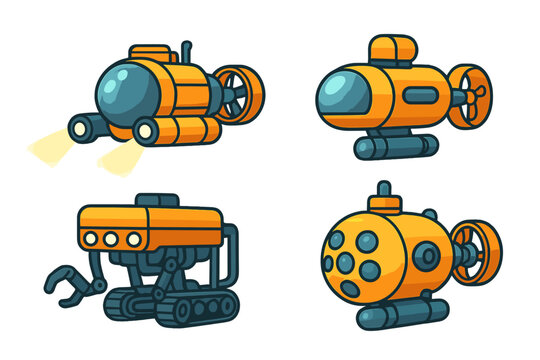 Underwater exploration vehicles for marine discovery and research missions in oceanic environments, cartoon vector illustration, remotely operated submarines, ocean technology and deep-sea robots
