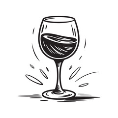 Black and White Sketch of Wine Glass with Spilled Liquid Vector Design
