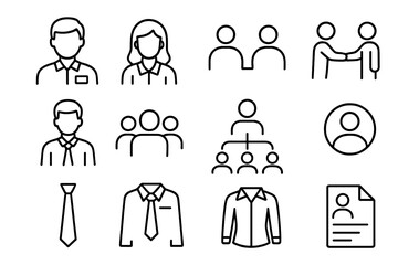 Modern staff and company line icon set for website design, apps, business cards, corporate worker icons, handshake, office clothing, teamwork, organization, vector cartoon illustrations