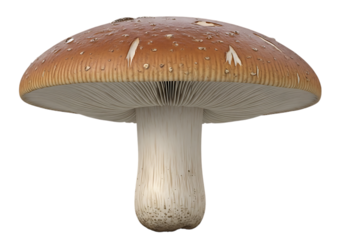 Detailed Closeup of Brown and White Mushroom with Gills and Spotted Cap Against Black Background for Botanical and Culinary Applications Showing Intricate Textures