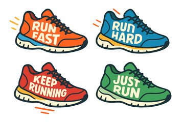 Motivational sneaker designs with inspiring running quotes, colorful sports shoes vector cartoon illustration set, fitness motivation, workout footwear graphics, transparent background