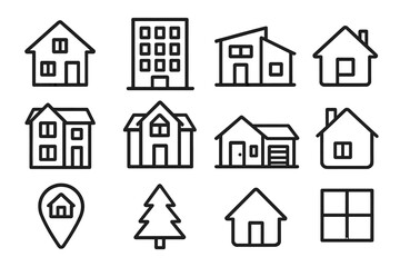 Fototapeta premium Outline icons of residential buildings and home elements, modern house designs, real estate symbols, minimalistic home illustrations with transparent background, ordered set vector