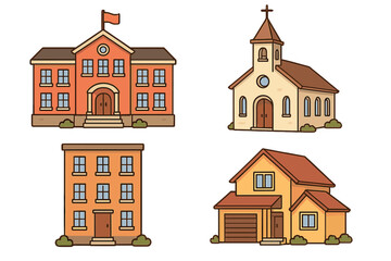 Various Architectural Styles of Buildings Including Educational School, Religious Church, Residential House, and Apartment Complex Vector Cartoon Illustration with Transparent Background