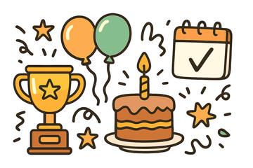 Milestone celebration doodle set with trophy, cake, and balloons. Vector cartoon icon collection for success, achievement, and birthday party. Flat design elements.
