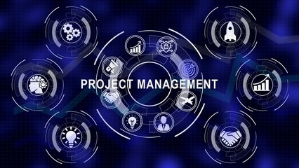 Obraz premium Visual representation of project management concepts with icons on a digital blue background