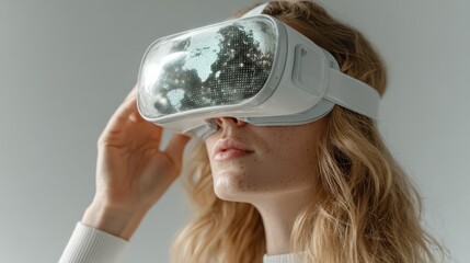 Naklejka premium A woman immersed in a virtual reality experience, the world reflected in the lens of the VR headset. ..Created with Generative AI, not depicting real subjects.
