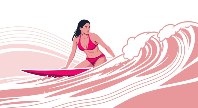 A Surfer Girl Glides Gracefully Over A Breaking Ocean Wave With Pink Details