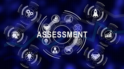 Fototapeta premium Digital assessment concept with symbolic icons representing business success and evaluation
