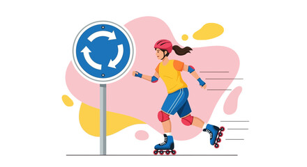 Rollerblading Ahead: A Vibrant Urban Scene Depicting Recreational Wheeling Near A Sign