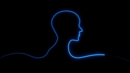 Glowing blue neon silhouette outline of a human head and body on black background