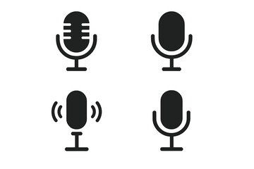 Microphone icon set for audio and podcasting. Simple mic silhouette for record button or broadcast logo. Voice recording glyph for web UI design and sound symbol vector.