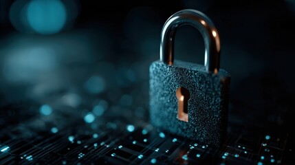 An isolated padlock, the symbolic guardian of data security, perched upon a digital circuit board. ..Created with Generative AI, not depicting real subjects.
