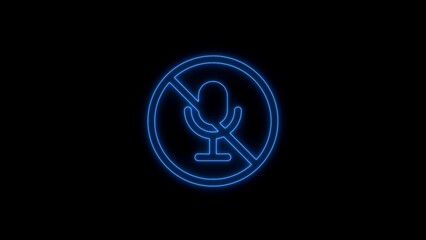 Neon blue microphone prohibition sign on a black background communication and silence concepts