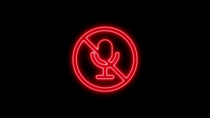 Illuminated red neon microphone with a prohibition symbol against a black background.