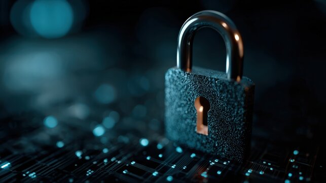 An isolated padlock, the symbolic guardian of data security, perched upon a digital circuit board. ..Created with Generative AI, not depicting real subjects.