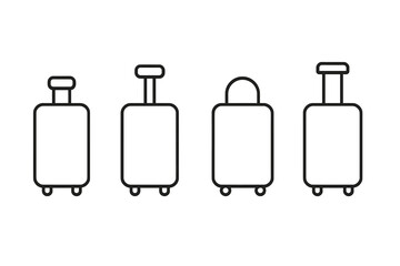 Travel luggage icon set. Minimalist outline vector symbols of suitcases and baggage. Collection of linear travel bags with wheels and different handles for tourism design.