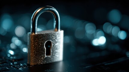 A close-up of a secure padlock rests on a dark, textured surface, embodying protection and data security in the digital age. ..Created with Generative AI, not depicting real subjects.