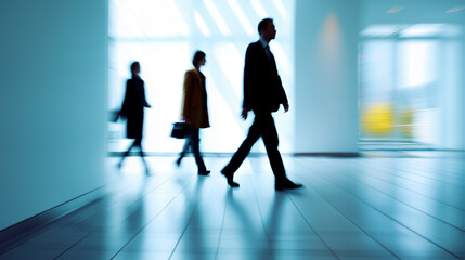 Silhouettes of business people walking in modern office corridor. 
